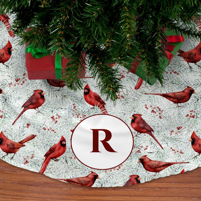 Monogram Snowy Pine Branches Kardinal Weihnachten Polyester Weihnachtsbaumdecke (Von Creator hochgeladen)