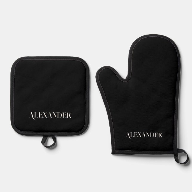 Monogram Solid Schlicht Black Template Weiße Schri Ofenhandschuh & Topflappen-Set (Vorderseite)