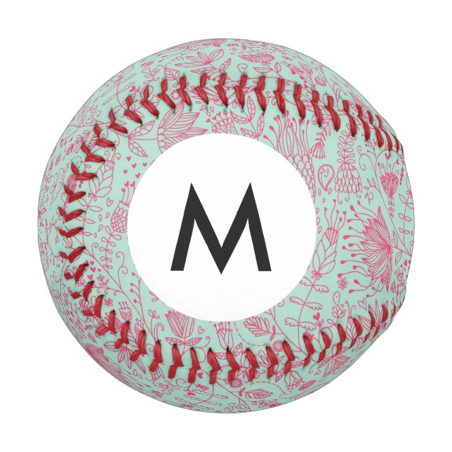 Monogram Sommer süßes Blumenmuster Baseball (Vorderseite Links)