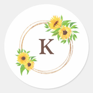 Monogram Sonnenblumen Grüne Rustikale Umschlag Auf Runder Aufkleber