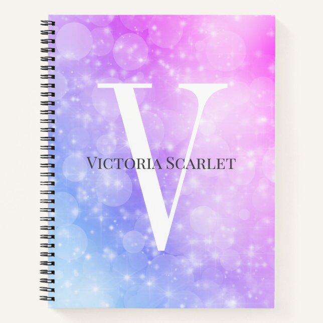 Monogram Sparkling Silver, Lila Blue Glittering Notizbuch (Vorderseite)