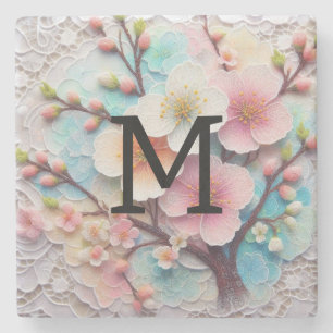 Monogram Spitzenblüte Rosa Blütenpastellblüte Steinuntersetzer
