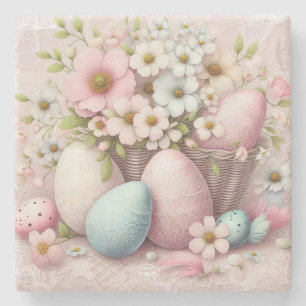 Monogram Spitzenpink-Blüteneier Ostereier in einem Steinuntersetzer