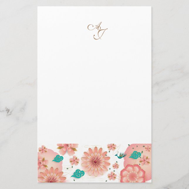 Monogram Spring Peach Blume Garden Decor Custom Briefpapier (Vorderseite)