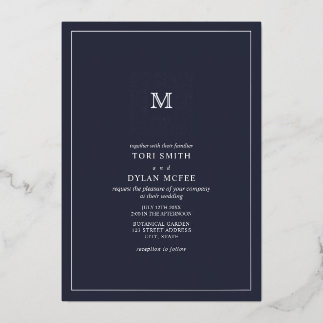 Monogram Square Dark Blue Wedding Foil Einladung (Vorderseite)