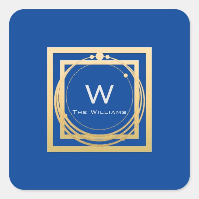 Monogram Square Gold Geometry Royal Blue Quadratischer Aufkleber (Vorderseite)