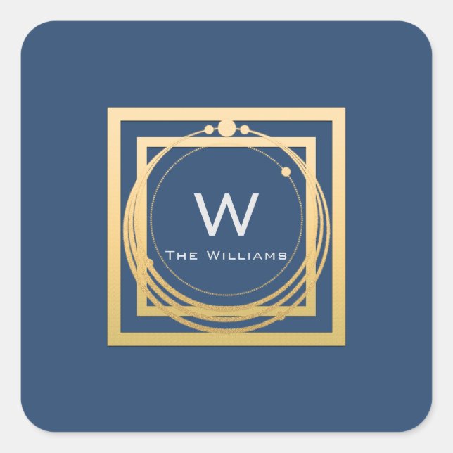 Monogram Square Gold Geometry Smoky Blau Quadratischer Aufkleber (Vorderseite)