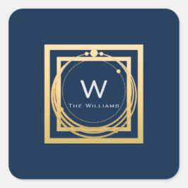 Monogram Square Golden Frame Minimal Blue Quadratischer Aufkleber