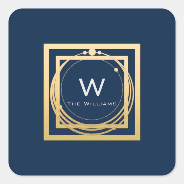 Monogram Square Golden Frame Minimal Blue Quadratischer Aufkleber (Vorderseite)