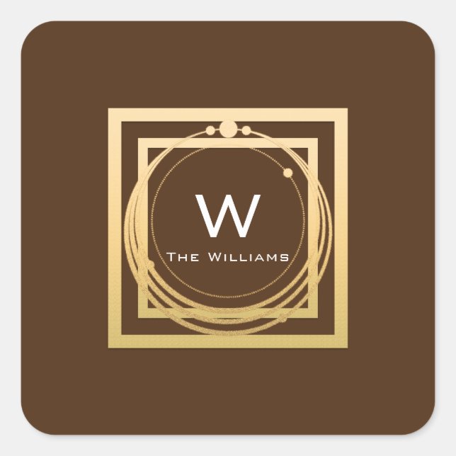 Monogram Square Golden Frame Minimal braun Quadratischer Aufkleber (Vorderseite)