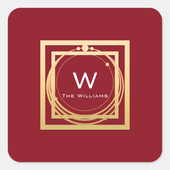 Monogram Square Golden Frame Minimal Geometrie Rot Quadratischer Aufkleber (Vorderseite)