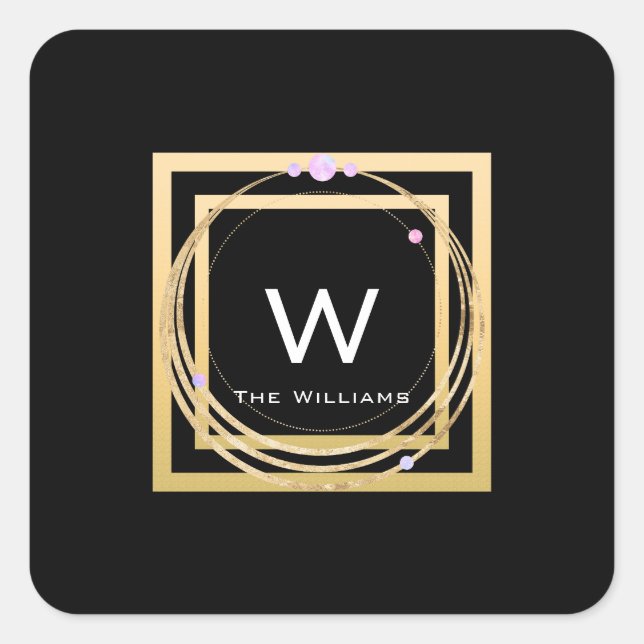 Monogram Square Golden Frame Minimalism Geometrie Quadratischer Aufkleber (Vorderseite)