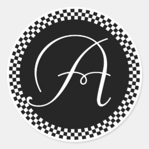 Monogram Sticker Black Checkerboard Circle Design