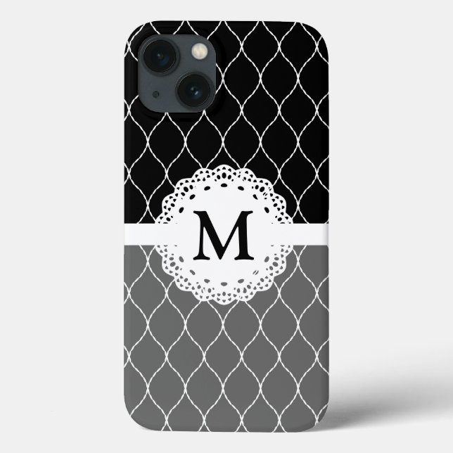 Monogram - Stilvolles Schwarz-Weiß-Spitzentmuster Case-Mate iPhone Hülle (Rückseite)