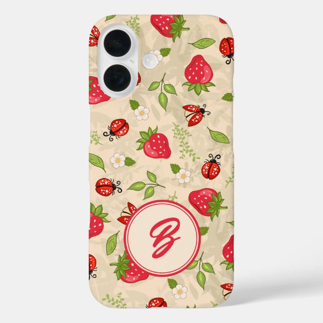 Monogram Strawberry Ladybug Muster iPhone 16 Hülle (Rückseite)