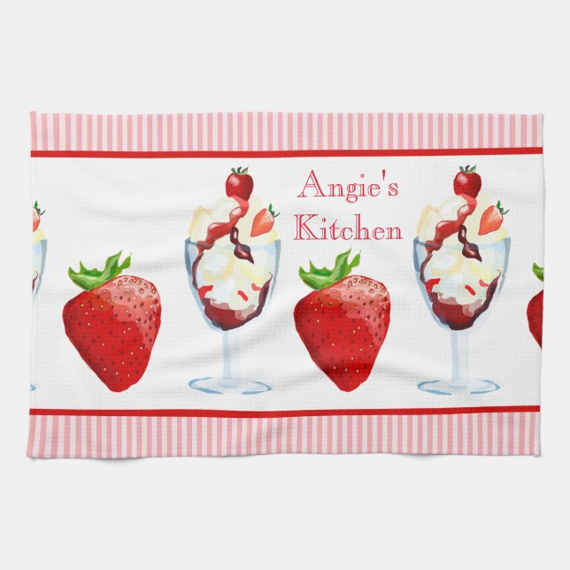 Monogram Strawberry Sundae Ice Cream Pink Stripes Handtuch (Horizontal)