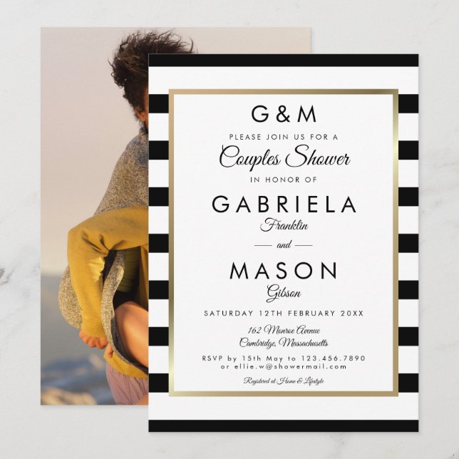 Monogram Stripe Wedding Couples Duschkabine Foto Einladung (Vorne/Hinten)