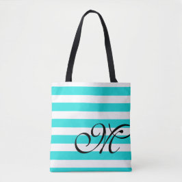 Monogram & Stripes Beach Blue Aqua Tote Beutel Tasche