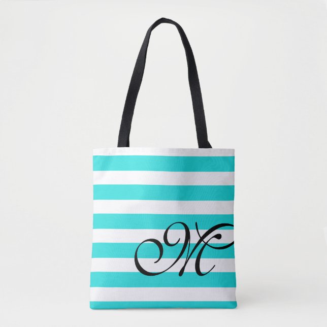 Monogram & Stripes Beach Blue Aqua Tote Beutel Tasche (Vorderseite)