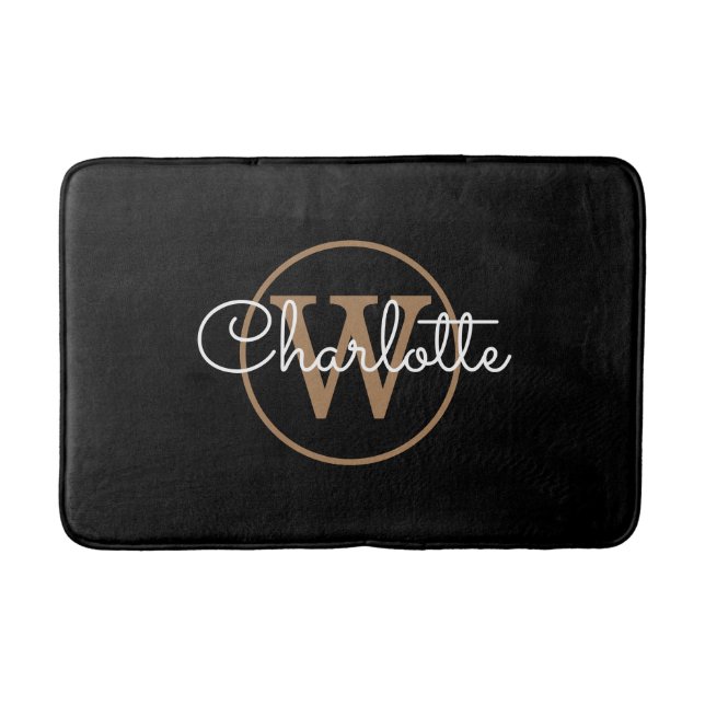 Monogram Stylisches Feminine Script Black Gold Badematte (Vorderseite)