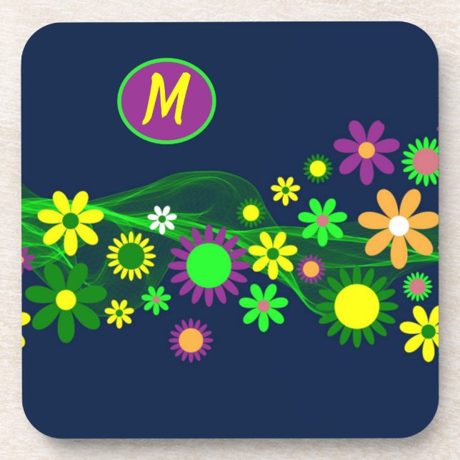Monogram Stylish 60er Blume Design Getränkeuntersetzer (Vorderseite)