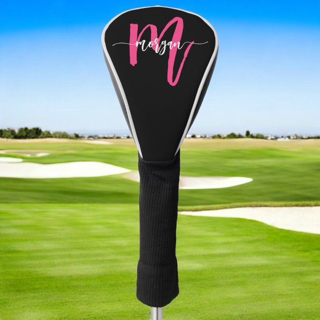 Monogram Stylish Modern Hot Pink Black Golf Headcover (Von Creator hochgeladen)