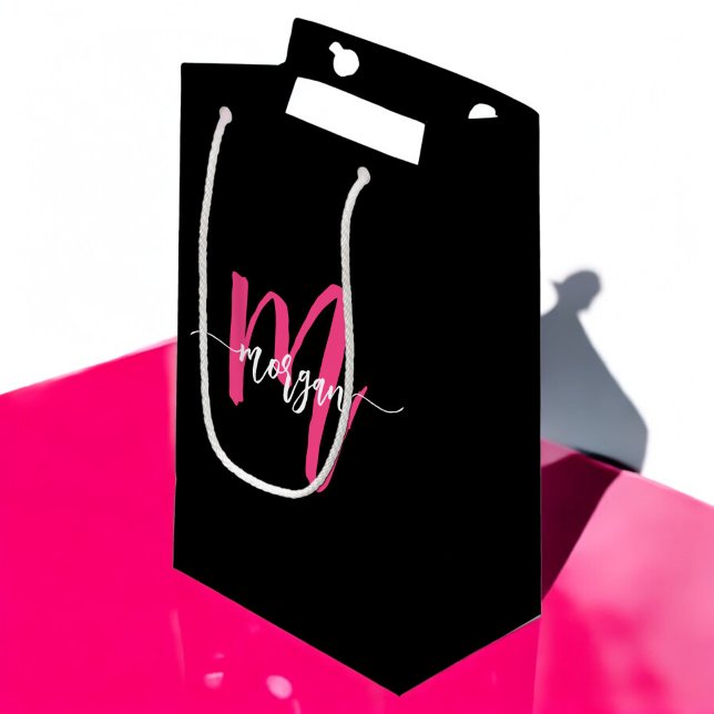 Monogram Stylish Modern Hot Pink Black Kleine Geschenktüte (Von Creator hochgeladen)