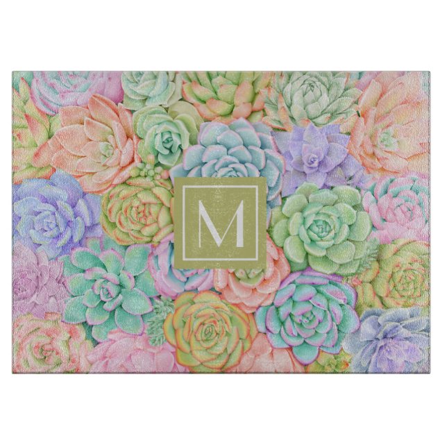 Monogram Succules Aquarellfarben Niedlich Schneidebrett (Vorderseite)