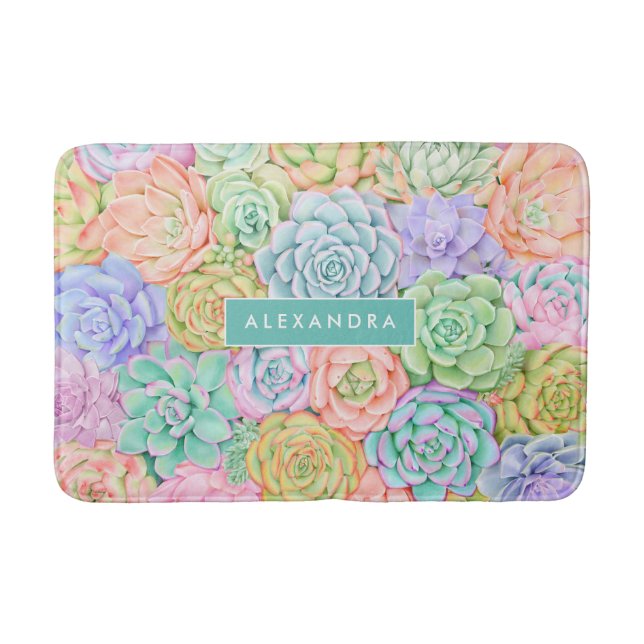 Monogram Succules Aquarellfarbene Pastel Badematte (Vorderseite)
