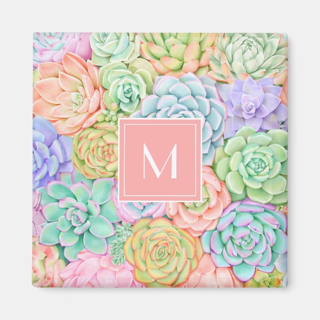 Monogram Succules Aquarellfarbene Pastel Magnet (Vorne)