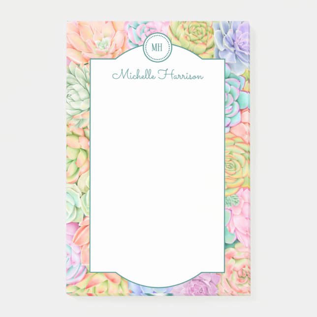 Monogram Succules Aquarellfarbene Pastel Post-it Klebezettel (Vorderseite)