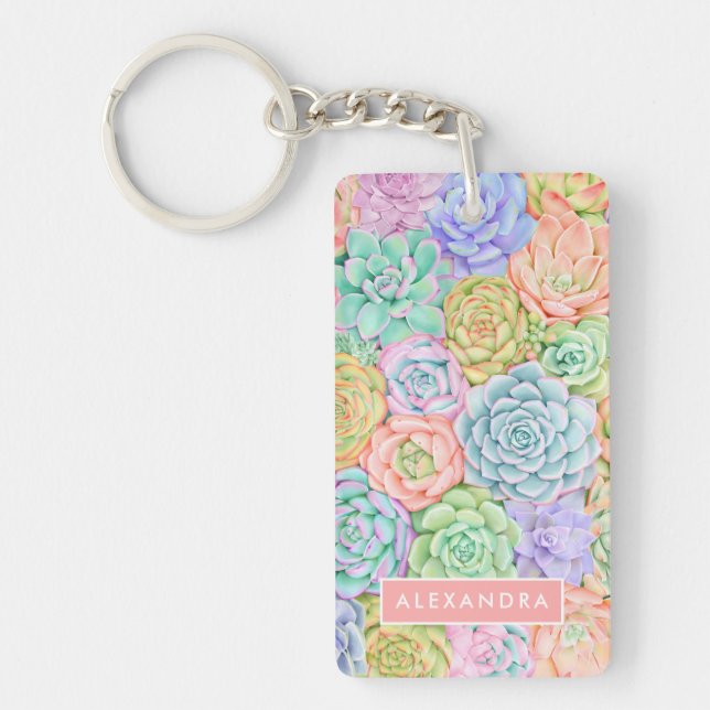 Monogram Succules Aquarellfarbene Pastel Schlüsselanhänger (Vorderseite)