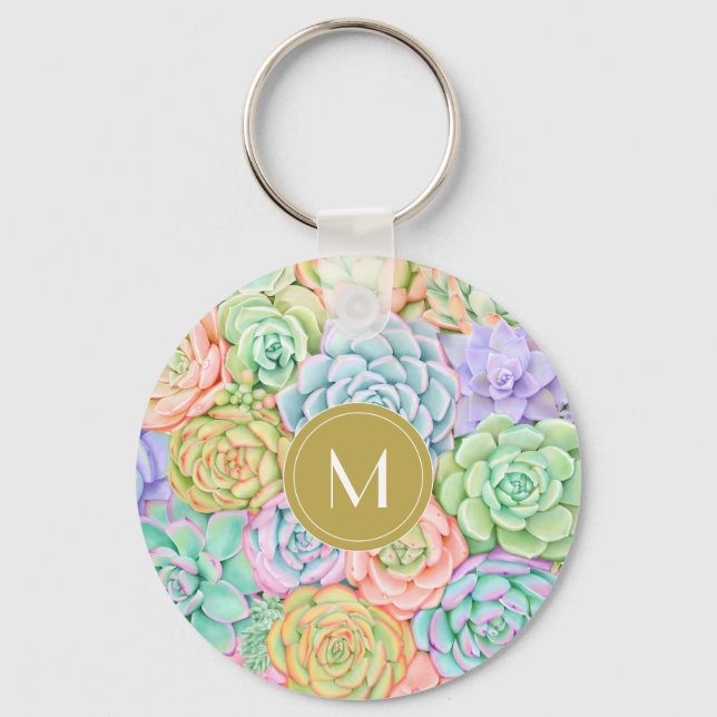 Monogram Succules Aquarellfarbene Pastel Schlüsselanhänger (Vorderseite)