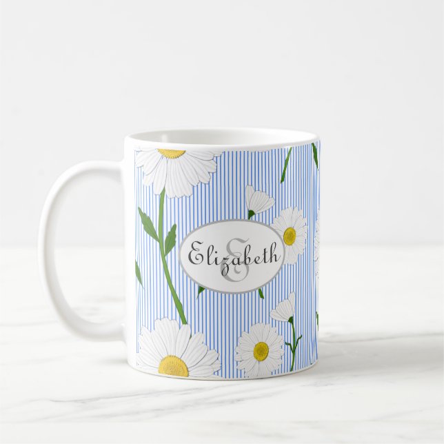 Monogram Summer Daisis Muster Light Blue Stripe Kaffeetasse (Links)