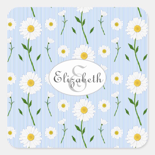 Monogram Summer Daisis Muster Light Blue Stripe Quadratischer Aufkleber (Vorderseite)