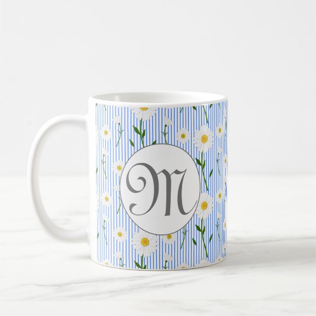 Monogram Summer Daisy Blumenmuster Blaustreifen Kaffeetasse (Links)