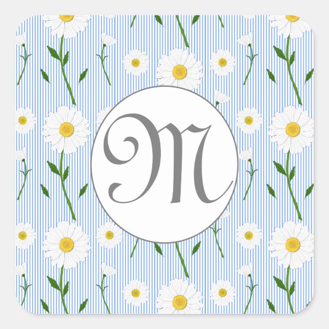 Monogram Summer Daisy Blumenmuster Blaustreifen Quadratischer Aufkleber (Vorderseite)