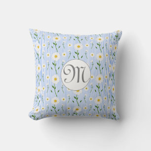 Monogram Summer Daisy Floral Pattern Blue Stripe Kissen