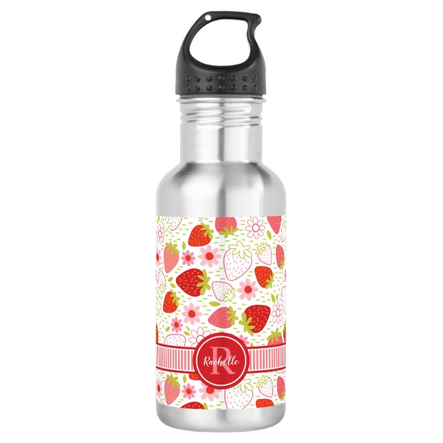 Monogram Summer Strawberry Fruit Pattern Edelstahlflasche (Vorderseite)