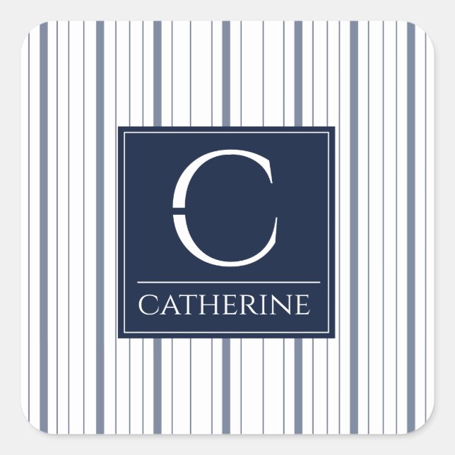 Monogram Summer Style Nautic White und Navy Blue Quadratischer Aufkleber (Vorderseite)
