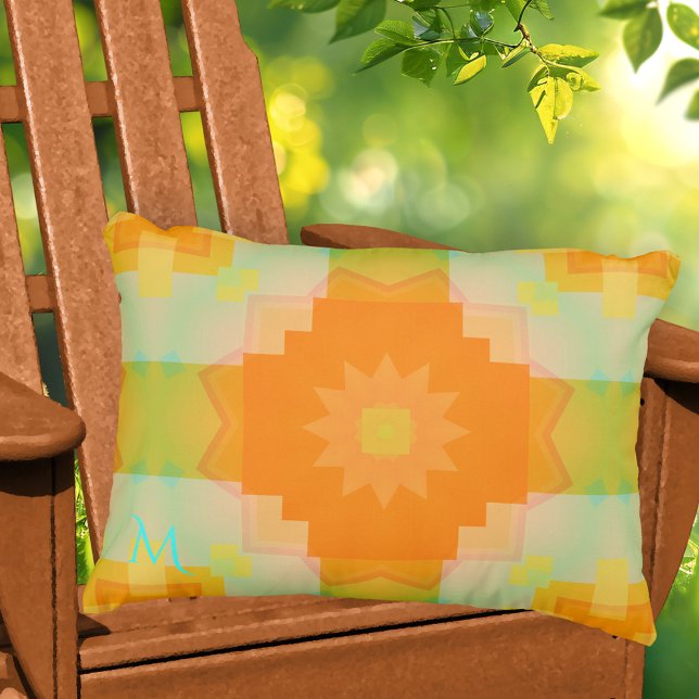Monogram Sunny Summer Pattern Outdoor Pillow Kissen Für Draußen (Pillow featuring a modern geometric pattern in warm sunny orange, yellow and fresh green)