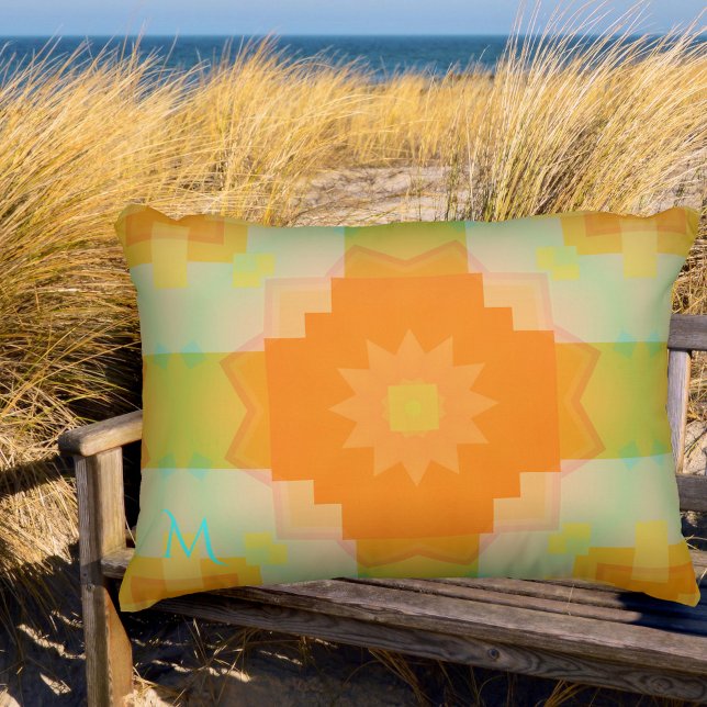 Monogram Sunny Summer Pattern Outdoor Pillow Kissen Für Draußen (Pillow featuring a modern geometric pattern in warm sunny orange, yellow and fresh green)