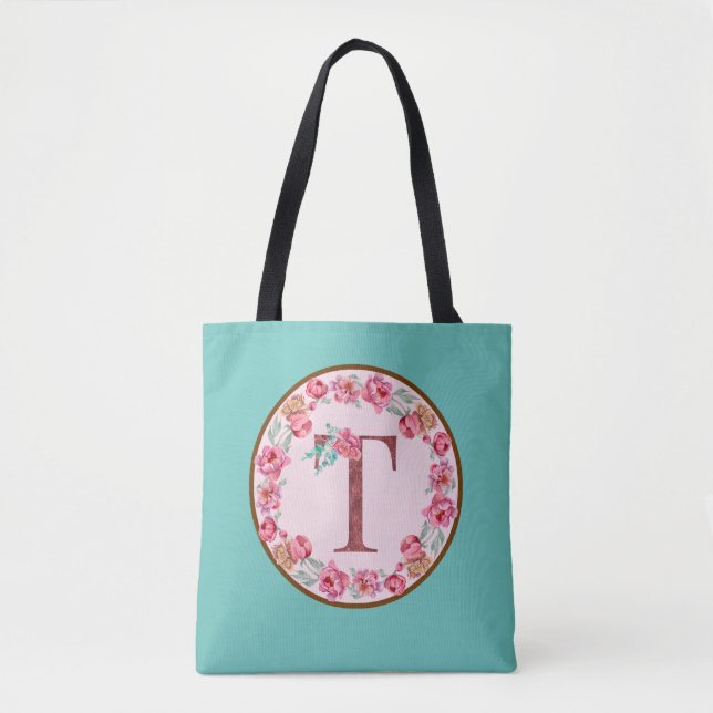 Monogram T Letter with Peony Blume Image Toag Tasche (Vorderseite)