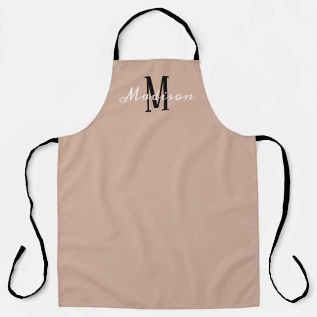 Monogram Tan Black Modern Script Personalisiert Schürze (Vorderseite)