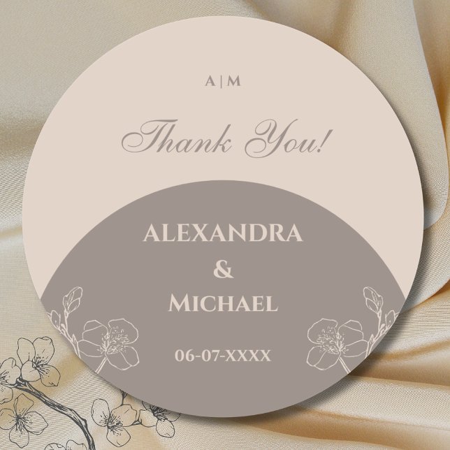 Monogram Taupe Floral Japandi Wedding Vielen Dank Runder Aufkleber (Von Creator hochgeladen)