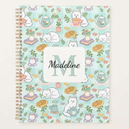 Monogram Tea & Bookish Cats Spiral Planner Green Planer