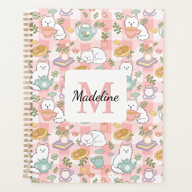 Monogram Tea & Bookish Cats Spiral Planner Pink (Devant)