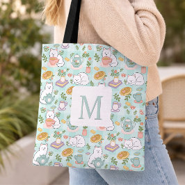 Monogram Tea & Bookish Cats  Tote Bag Mint Green Tasche