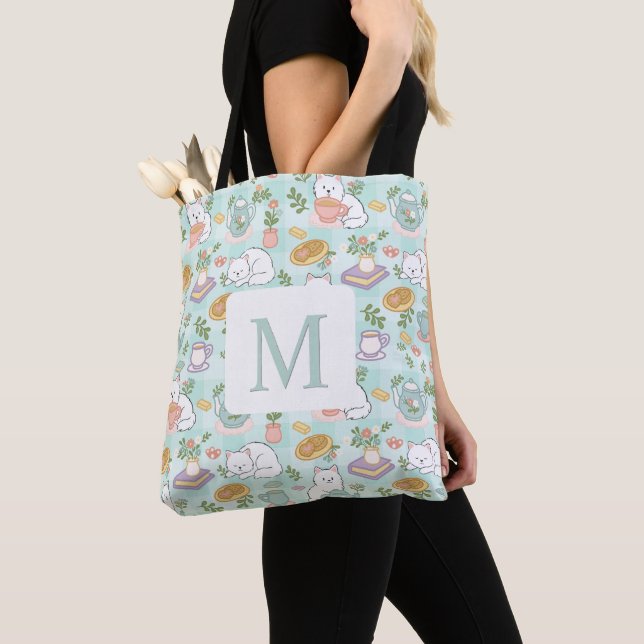 Monogram Tea & Bookish Cats  Tote Bag Mint Green Tasche (Von Nahem)