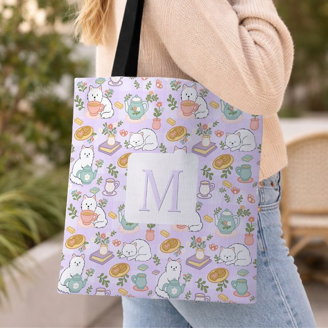Monogram Tea & Bookish Cats Tote Bag Purple Tasche (Von Creator hochgeladen)